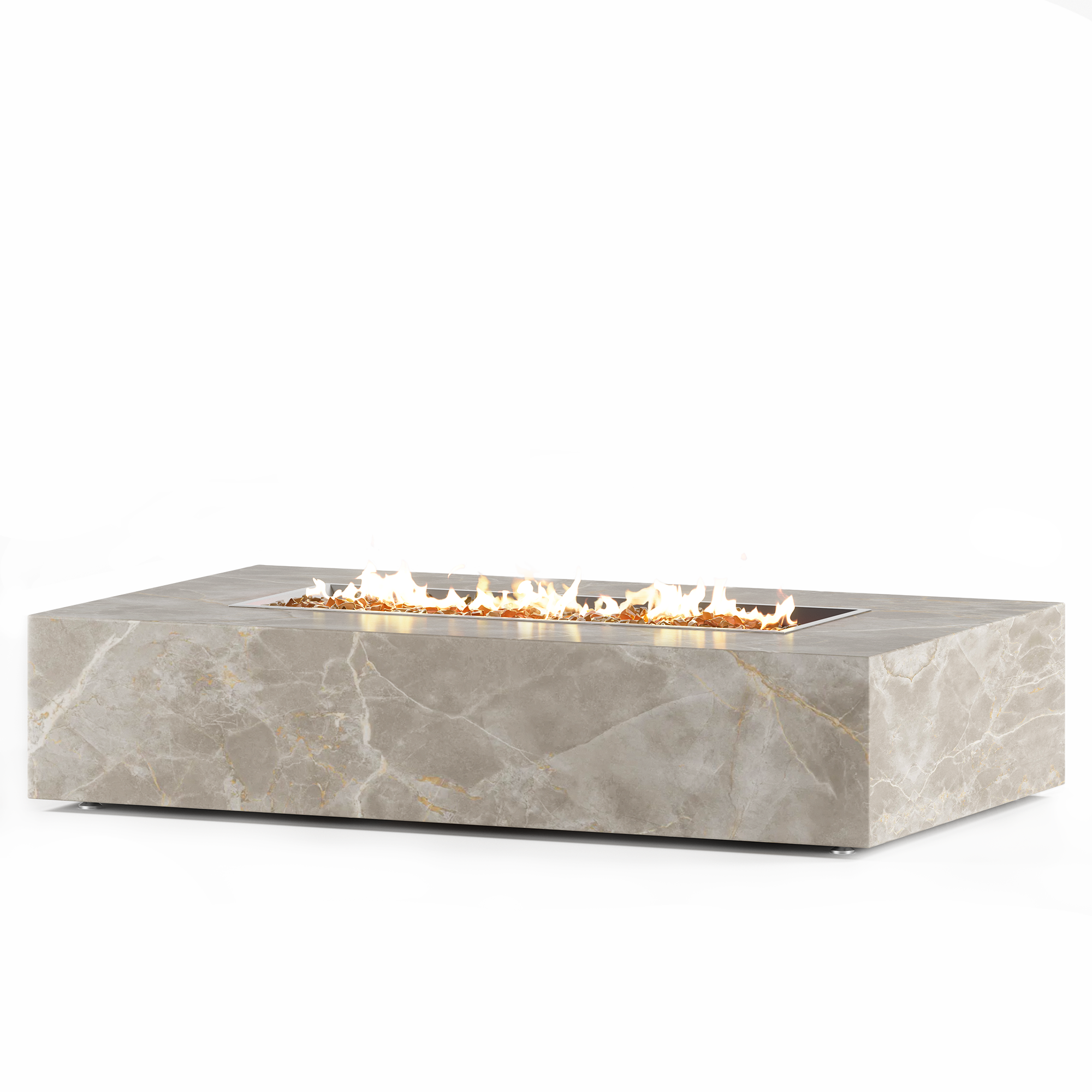Luxury rectangular outdoor fire pit table with warm taupe Tier 1 granite cladding, stainless steel burner, crushed fire glass, and integrated propane tank drawer, custom-built in California by Cooke Furniture.