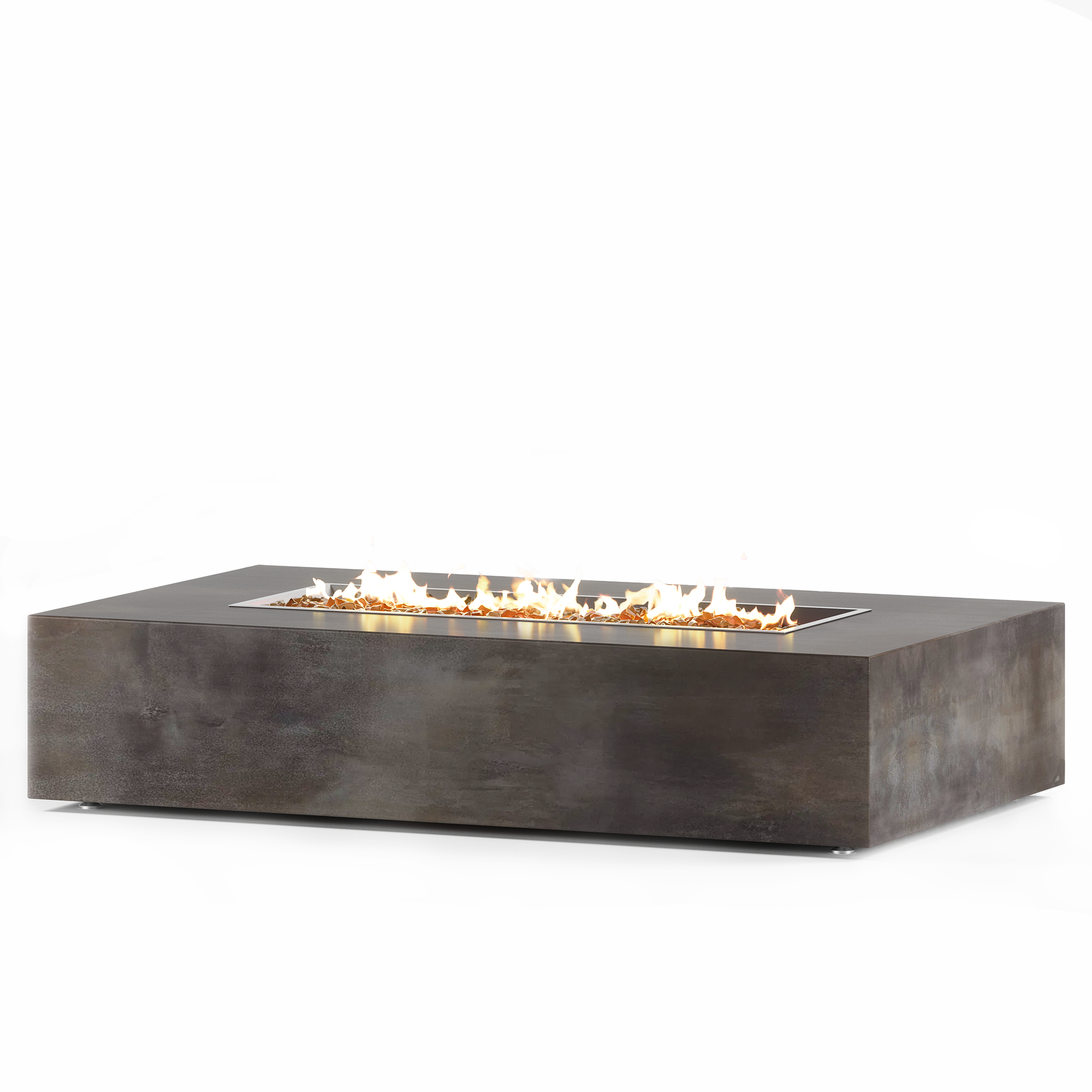 Modern rectangular outdoor fire pit table with dark Tier 1 granite finish, stainless steel burner, key valve controls, and lava rock media, handcrafted in California by Cooke Furniture for luxury patio settings.