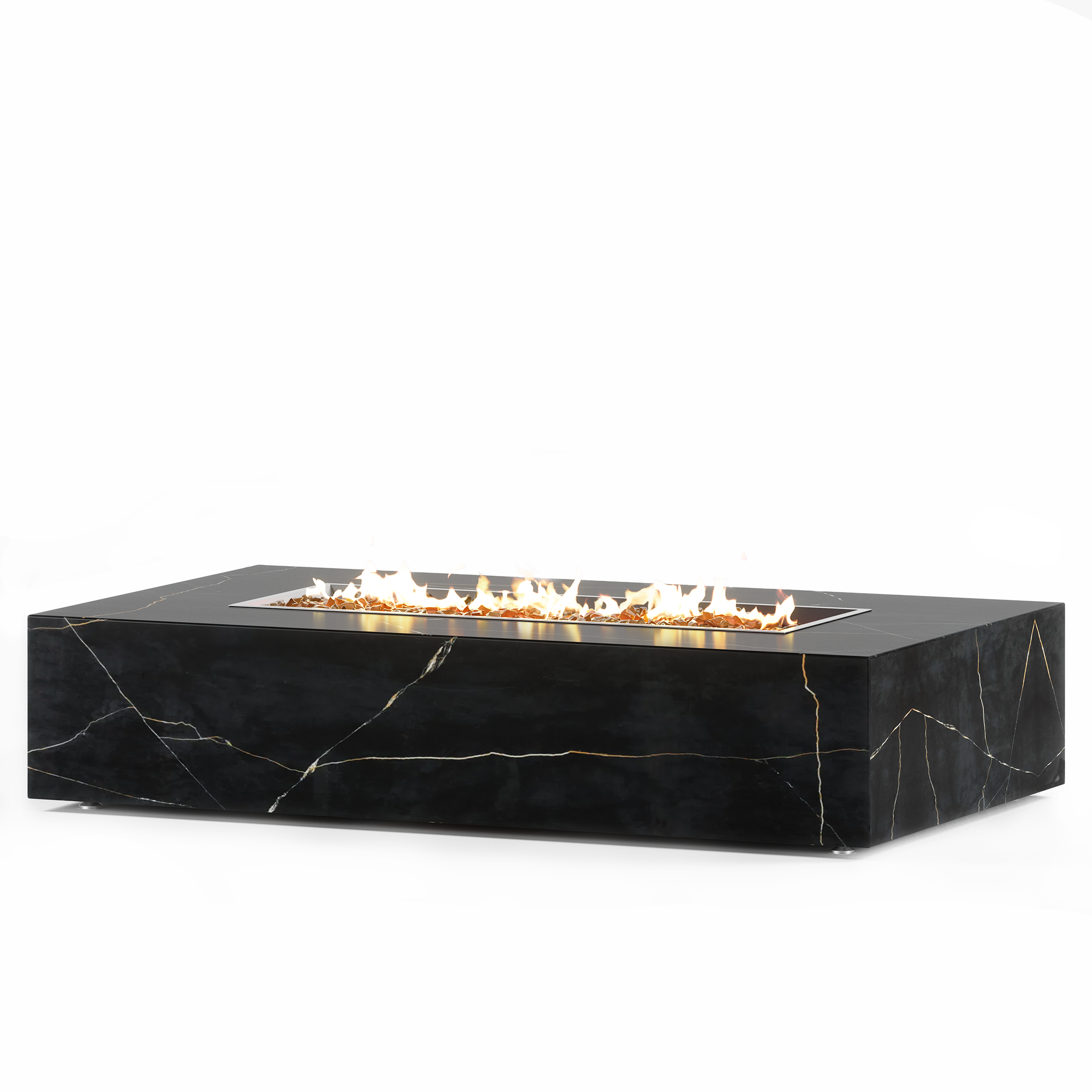 Luxury black granite outdoor fire pit table with striking gold veining, featuring stainless steel burner, lava rock media, and hidden propane drawer, handcrafted by Cooke Furniture in California for upscale patio spaces.