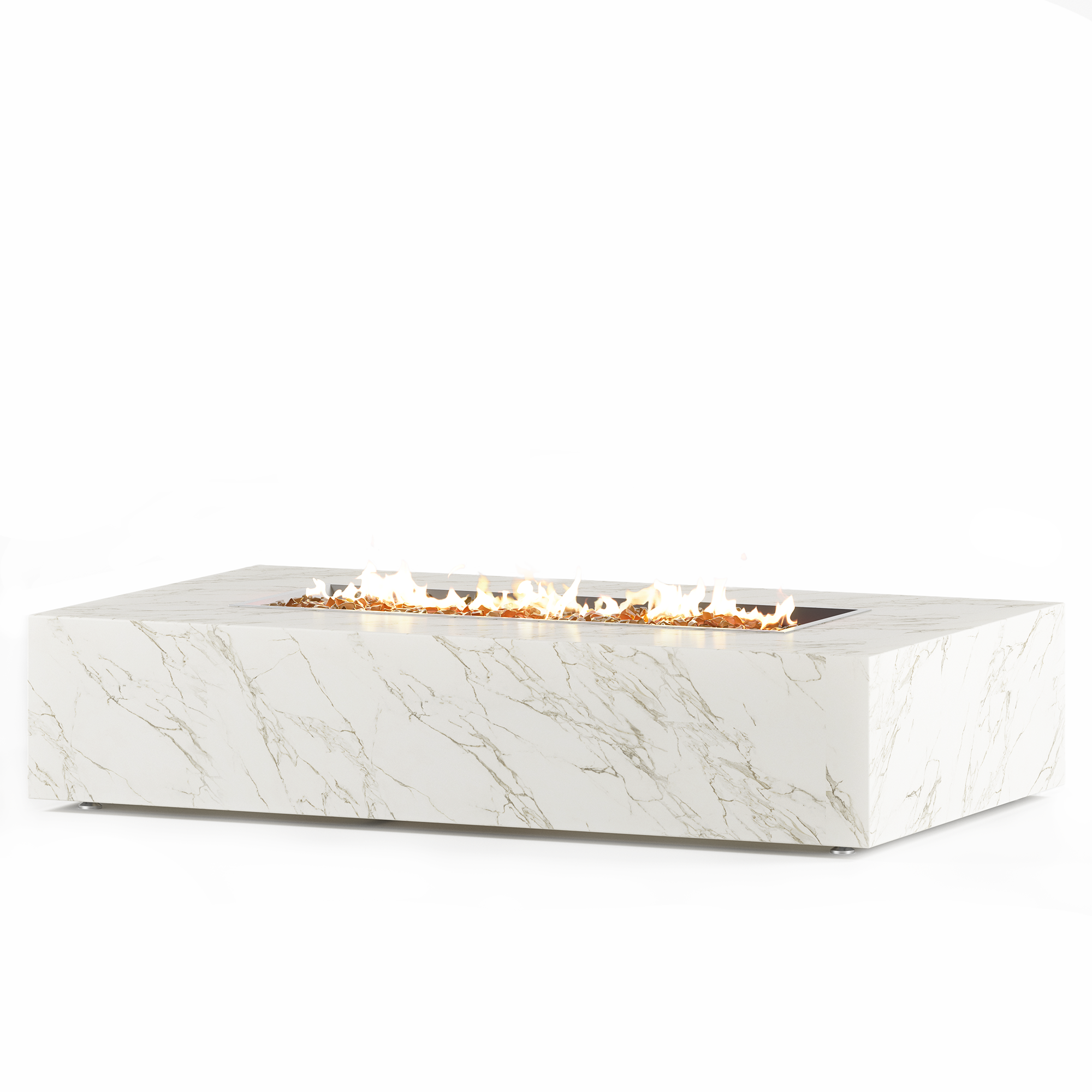 Modern white granite outdoor fire pit table with subtle gray veining, featuring stainless steel burner, crushed fire glass media, and hidden propane drawer, handcrafted by Cooke Furniture in California for luxury patio and backyard design.
