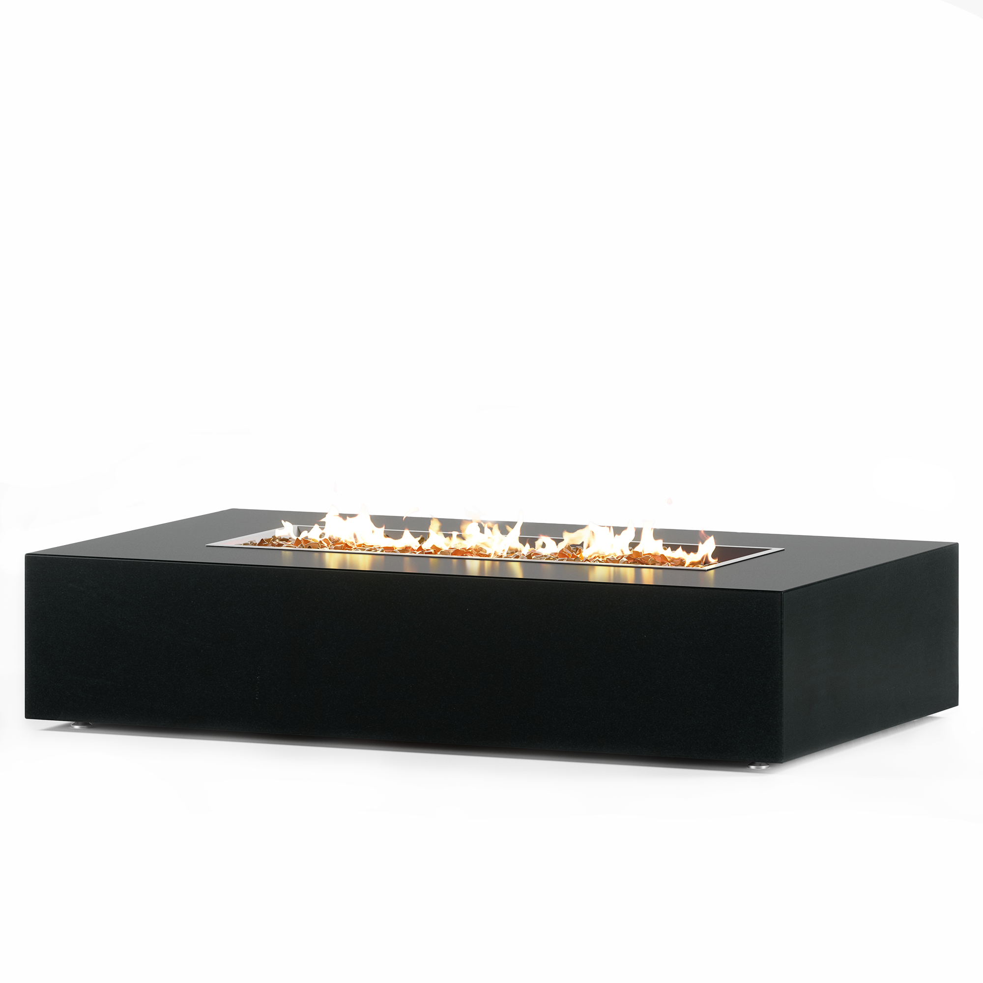 Modern rectangular black granite fire pit table with linear stainless steel burner, propane tank storage drawer, and crushed glass media, handcrafted by Cooke Furniture for luxury outdoor patios and contemporary backyard entertaining.
