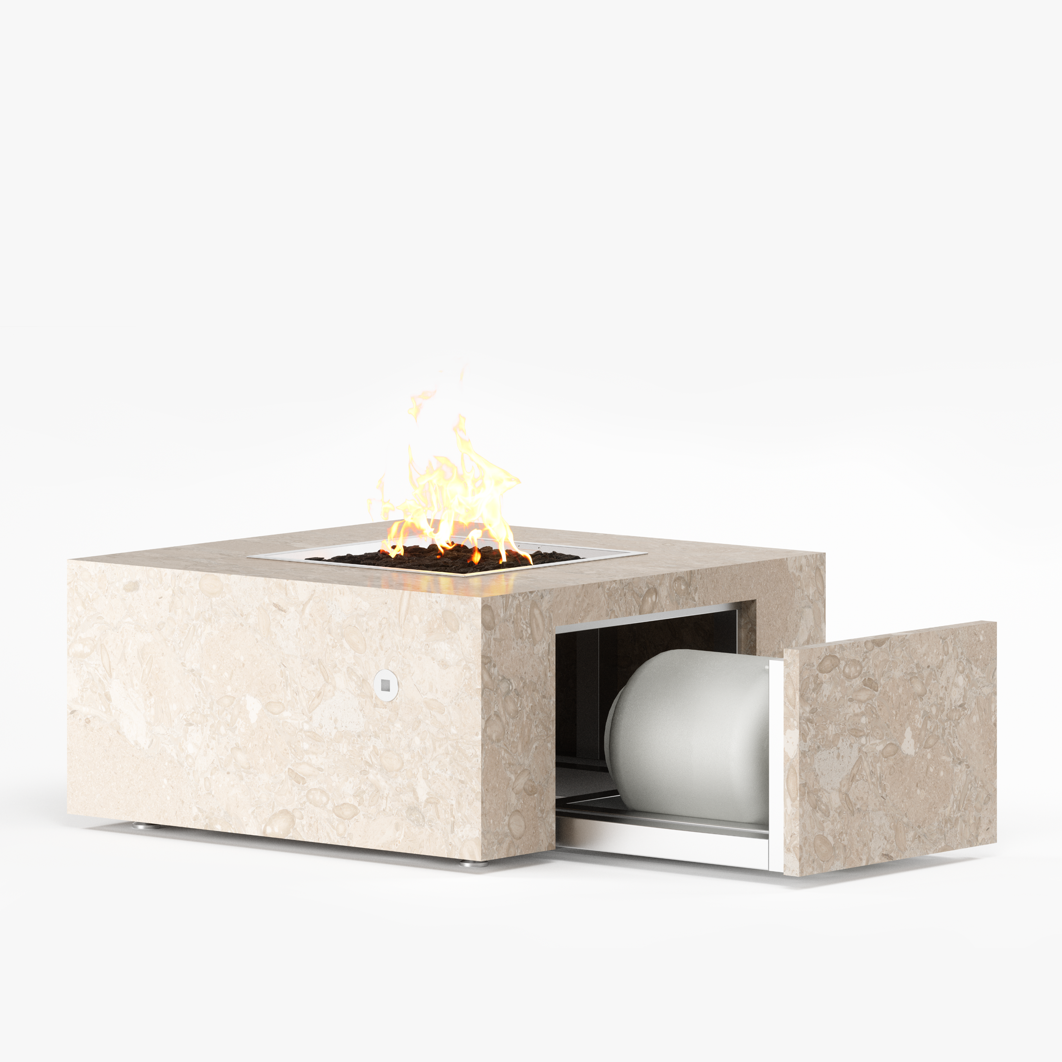 Square beige granite fire pit table with stainless steel burner and open gliding propane tank drawer, featuring lava rock media and handcrafted by Cooke Furniture in California for premium outdoor living and patio heating solutions.