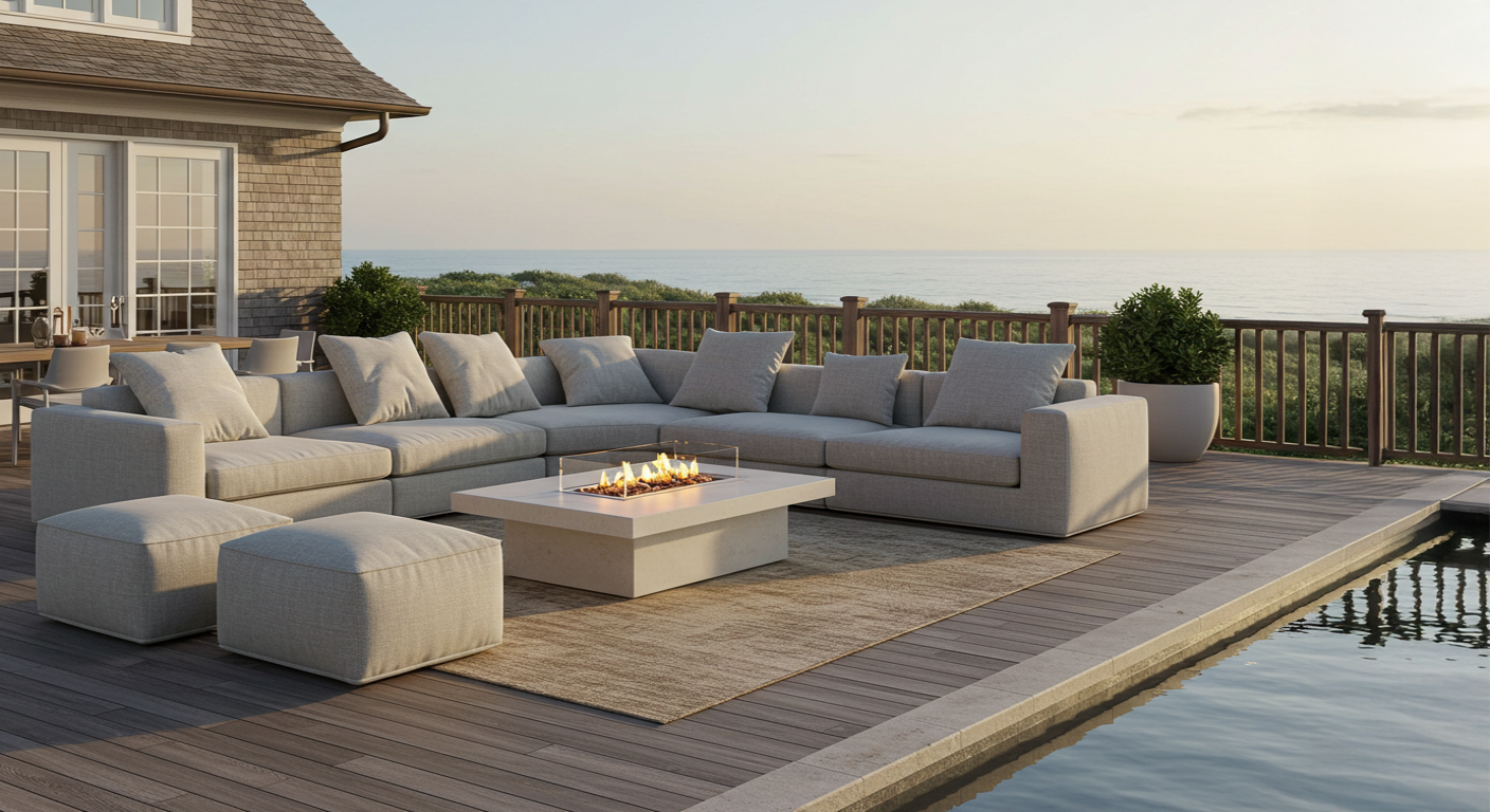 Outdoor patio set with sectional sofa, fire pit table, and ottomans on a wooden deck by a pool.