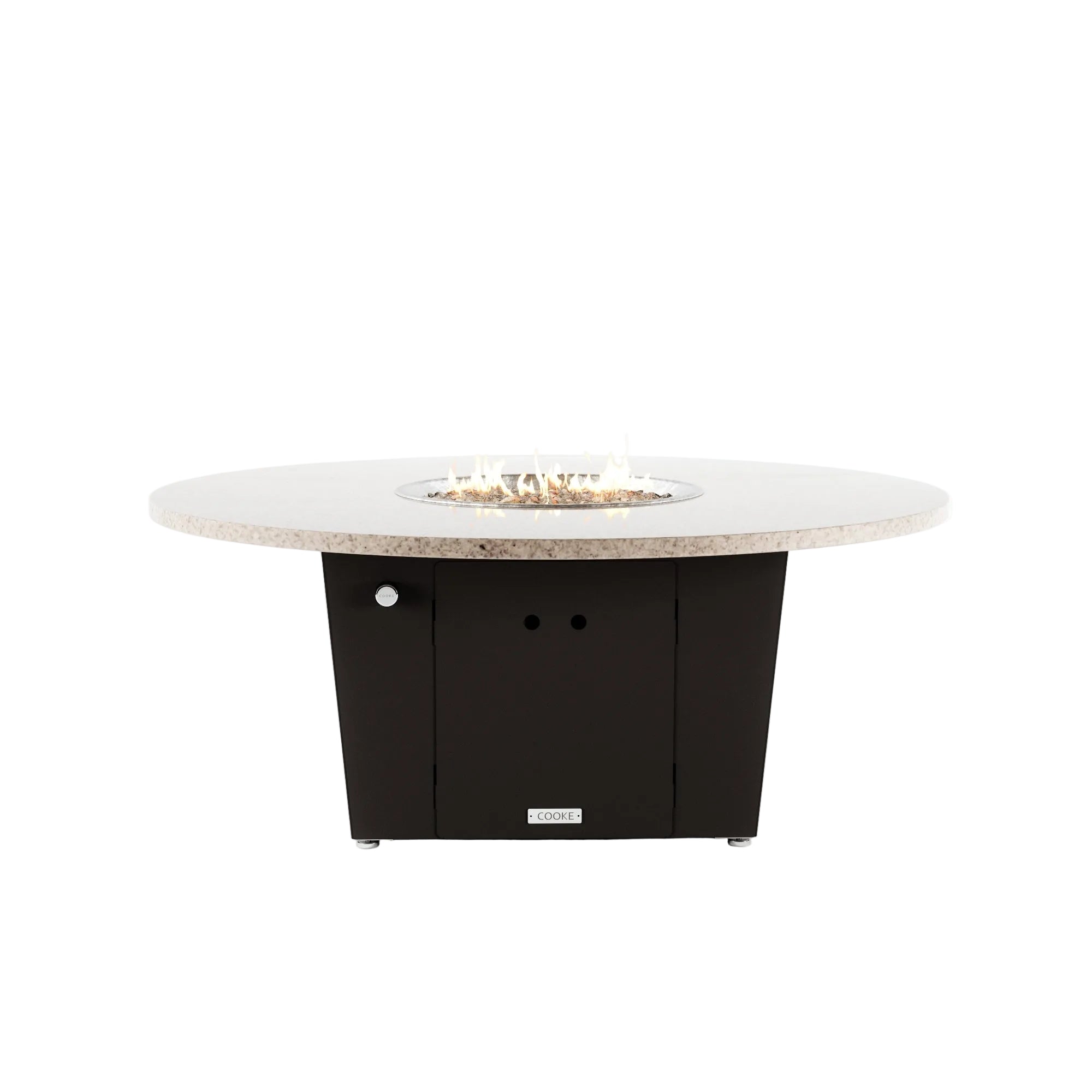 Round fire pit table with white marble top and black base on a white background