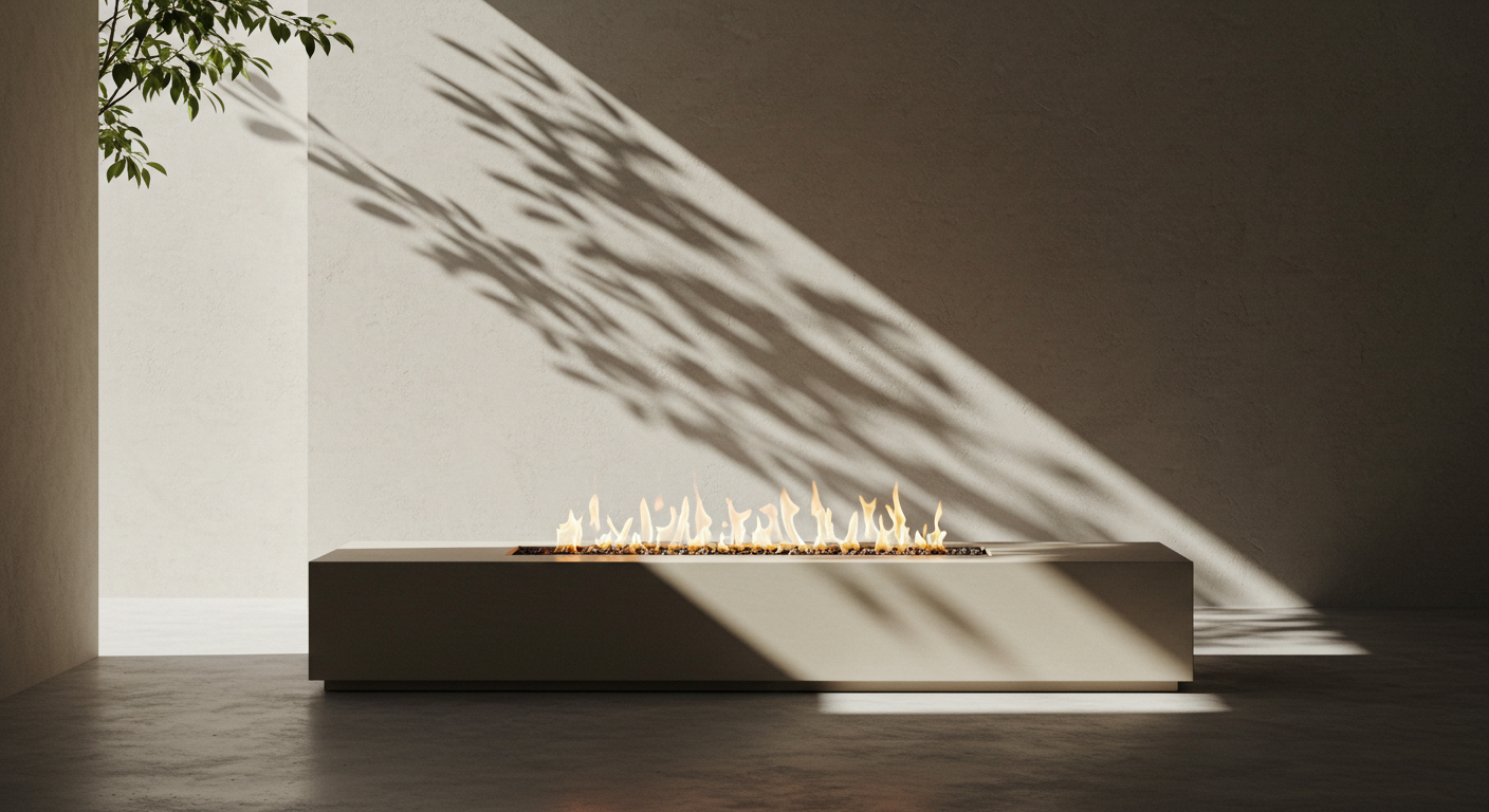 Minimalist modern fire pit bench with clean architectural lines, soft daylight, and natural leaf shadows creating a serene indoor–outdoor ambiance