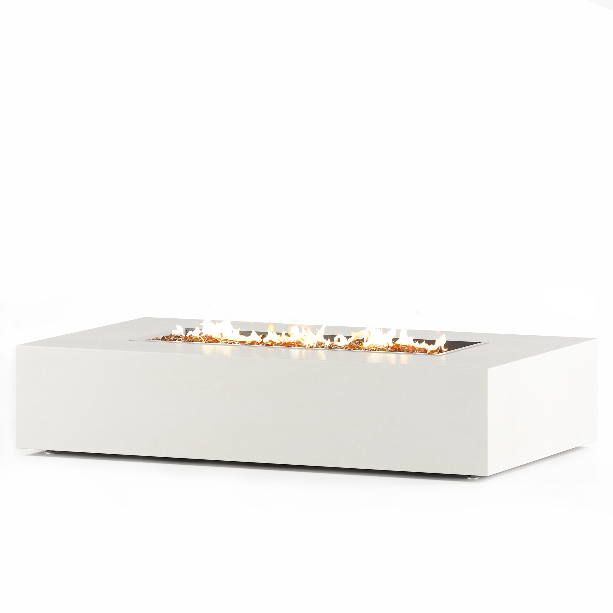 Luxury white granite outdoor fire pit table with modern minimalist design, stainless steel burner, hidden propane tank drawer, and crushed fire glass media, handcrafted in California by Cooke Furniture for upscale patios and backyard entertaining.