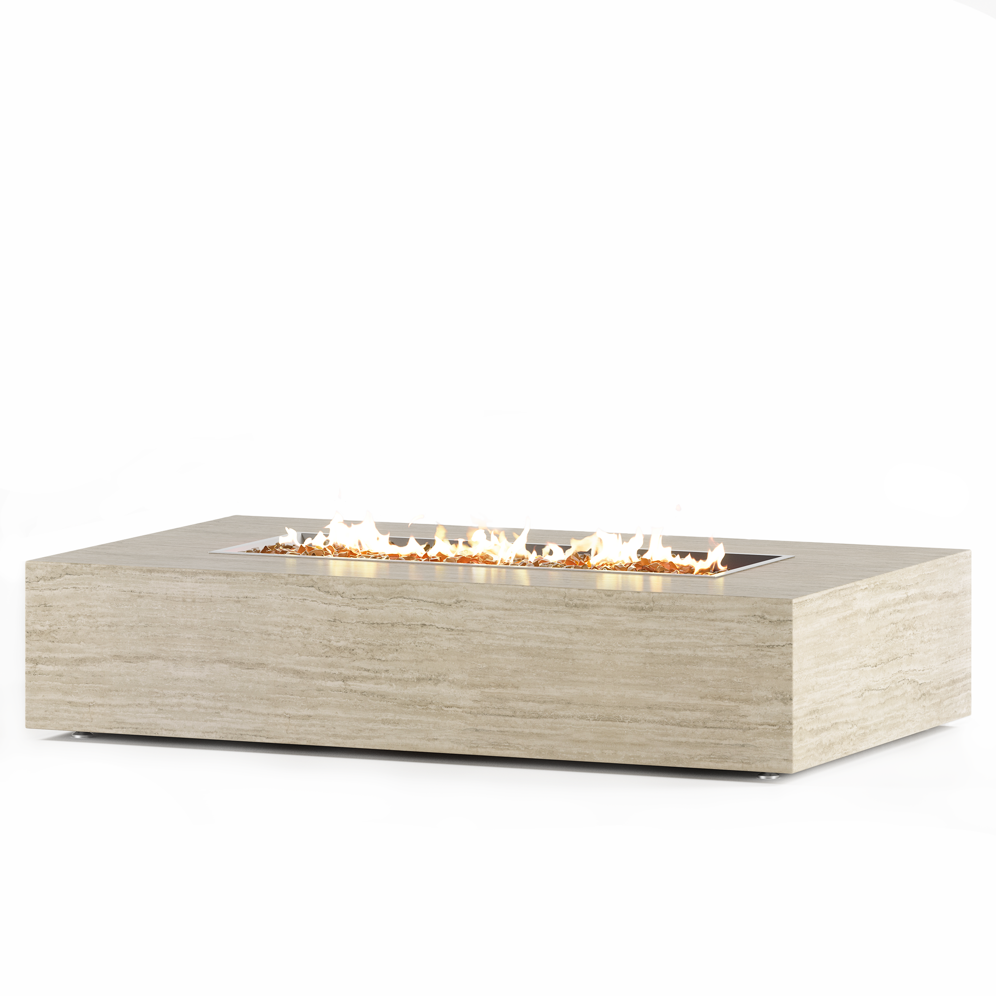 Rectangular travertine granite fire pit table with linear burner, natural stone finish, stainless steel frame, and integrated propane tank drawer, designed by Cooke Furniture for high-end outdoor living spaces and modern patio design.