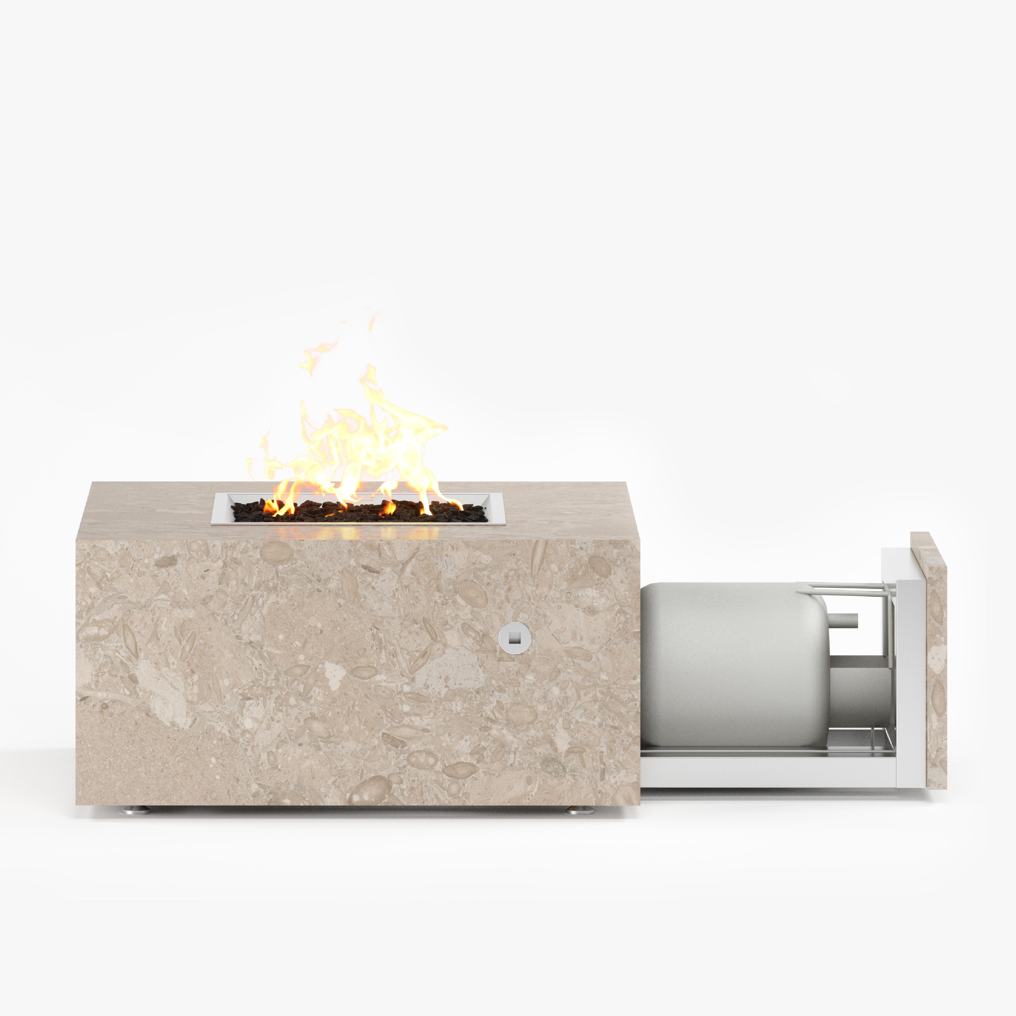 Square beige granite fire pit table with stainless steel burner and open gliding propane tank drawer, featuring lava rock media and handcrafted by Cooke Furniture in California for premium outdoor living and patio heating solutions.